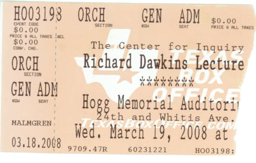 Ticket Stub from Dawkins Lecture