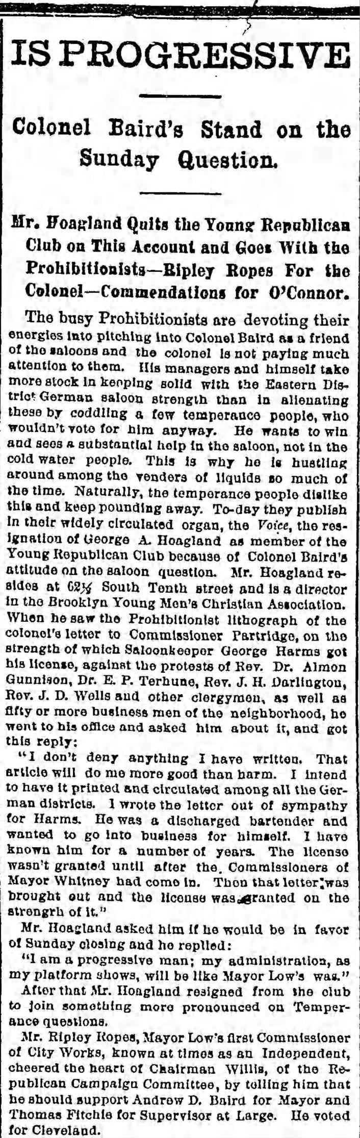 My original American ancestor (27 October 1887) made the news as a boogey-man in a political attack by the Temperance league on Colonel Andrew D. Baird.