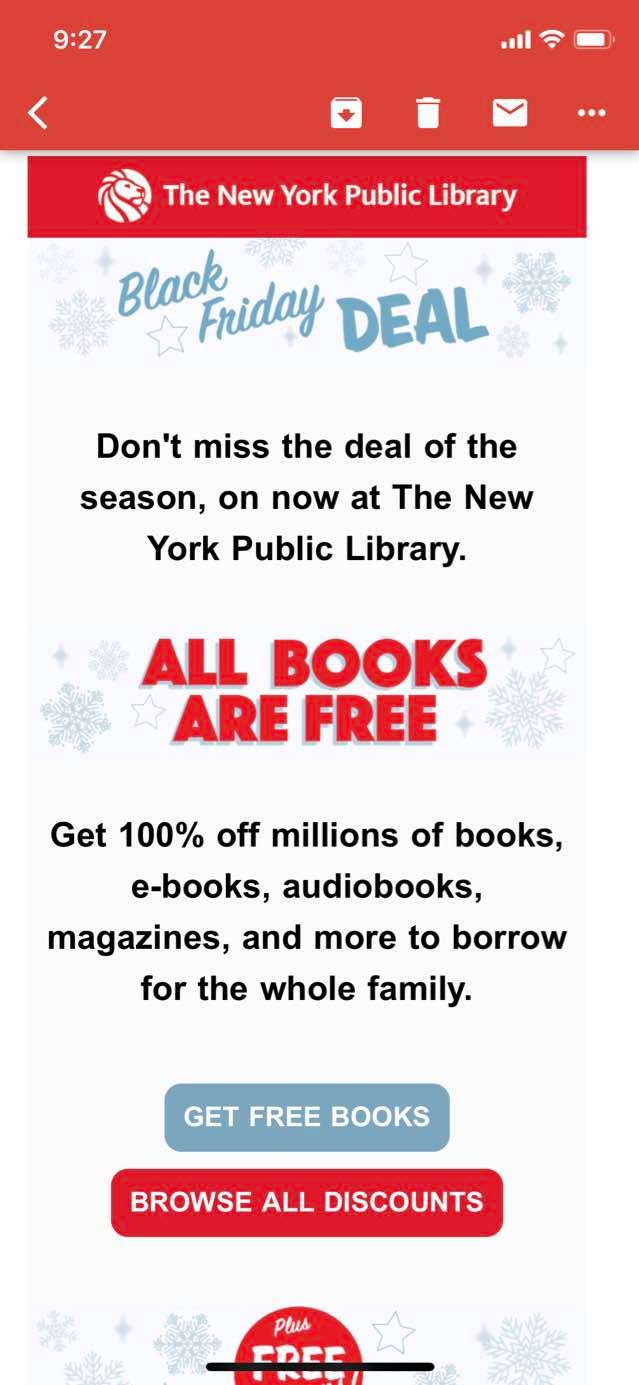 NYPL sees your Black Friday and reminds you that taxes save you from wasting space and cash.