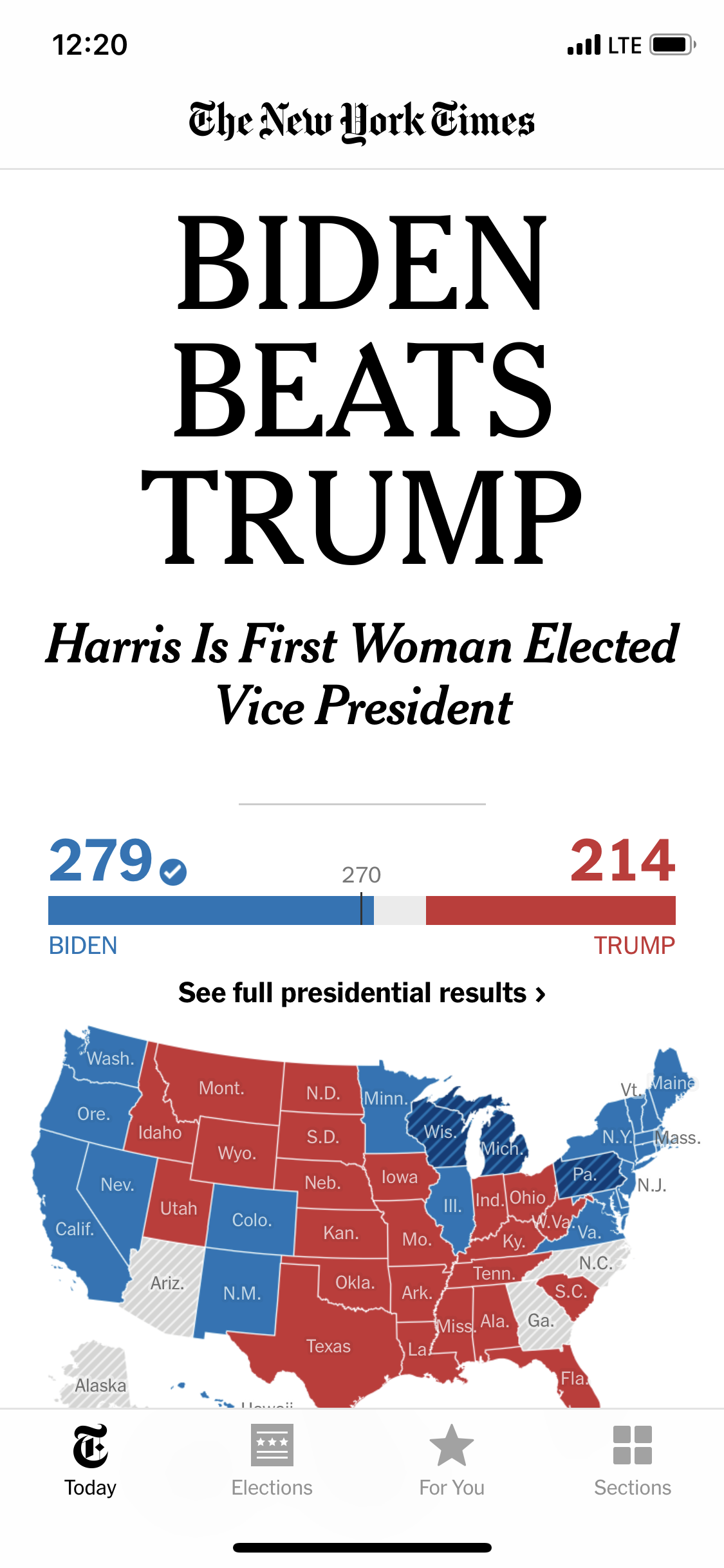 New York Times headline
  announces Joe Biden's win of the 2020 presidential election